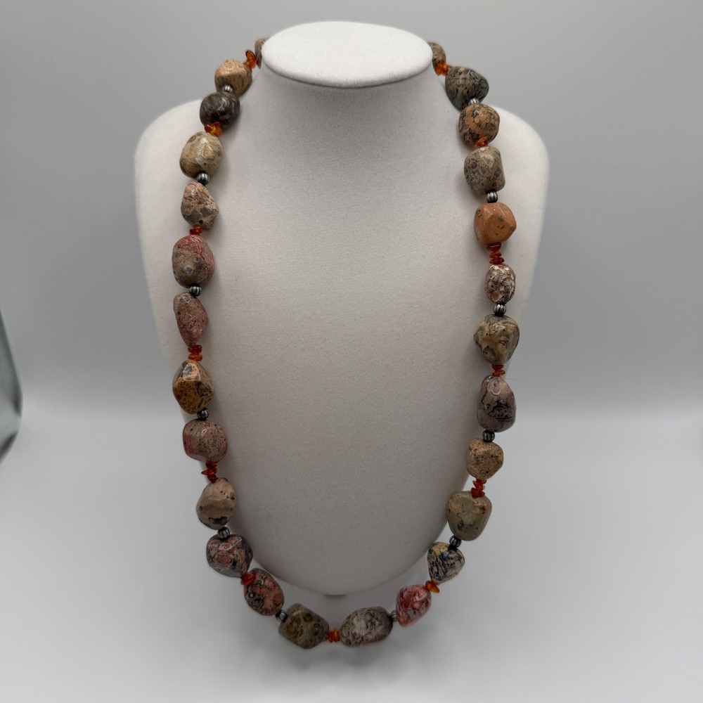 Natural Jasper Carnelian Bead Necklace Earth Tone Chunky Stone Toggle Clasp Boho